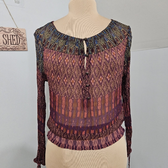 Lucky Brand Sheer Boho Gauze Long Sleeve Top Purple Multicolor Large Whimsigoth - Picture 1 of 15